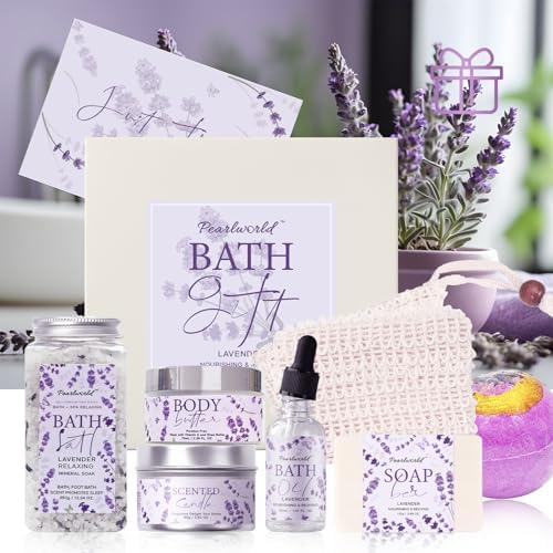 Lavender Spa Gift Set for Women, Luxury 9 Pcs Bath Salts Set, Relaxation Gifts for Women, Self Care Set, Clean Moisturizing Skin, Gifts for Mom, Wife, Sister, Friend