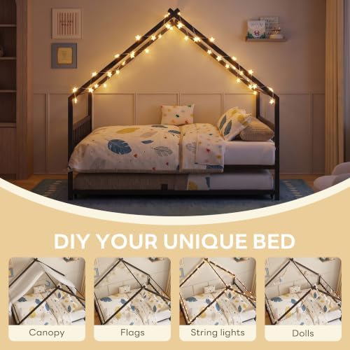 LIKIMIO Daybed with Trundle, House Full Bed Frame for Bedroom, Black
