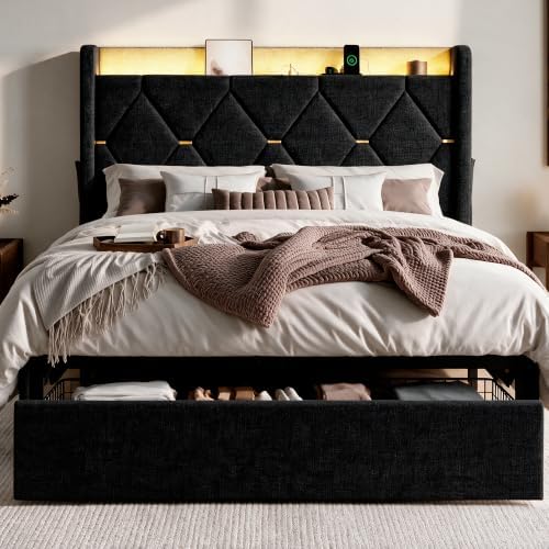 SHA CERLIN Full Size Bed Frame with Storage Drawer & LED Lights, Black