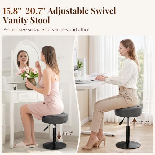LUE BONA Height Adjustable Vanity Stool 15.8"-20.7", 360° Swivel Gray Faux Leather Chair, 300lb Capacity for Makeup Room, Bathroom