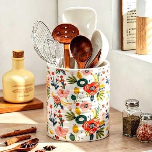 Kitchen Utensil Holder,7.2-inch Extra Large Ceramic Garden Floral Pattern Utensil Crock,Cooking Utensil Organizer for Kitchen Counter Decor,Storage Caddy Farmhouse Gift Mint Flowers