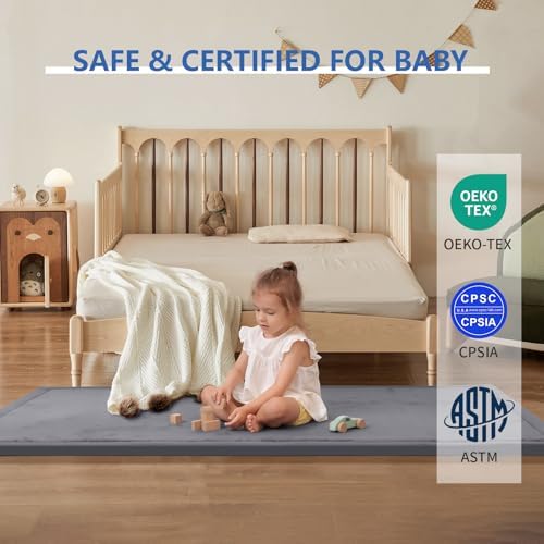 Huloo Sleep Play Mat for Babies Toddlers,1.3" Thick Elasti-Foam Anti-Fall Cushion Mat for Kids Room,28×72 Bedroom Bedside Rugs,Water-Repellent Soft Coral Velvet,Non-Slip(Dark Grey)
