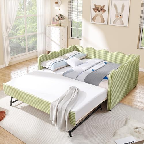 Full Size Daybed with Pop Up Trundle, Linen Gingham Full to King Daybed with USB Ports, Upholstered Day Bed Frame, Modern Sofa Bed for Living Room/Bedroom/Guest Room, No Box Spring Needed, Green