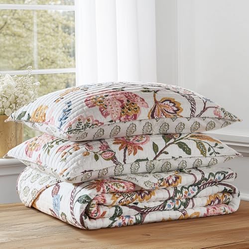 Levtex Home - Maileen Dusty Rose Quilt Set - Twin Quilt and One Standard Sham - Floral - Dusty Rose Ochre Blue Green Brown Off-White - Quilt (68x86in.) and Sham (20x26in.) - Reversible - Cotton