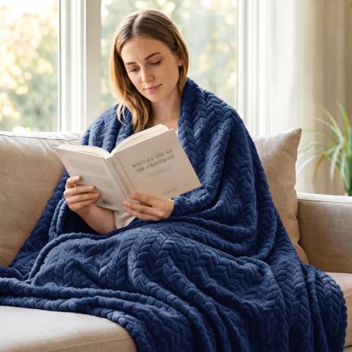Exclusivo Mezcla Fleece Throw Blanket for Couch Sofa, 50”x70”, Navy Blue
