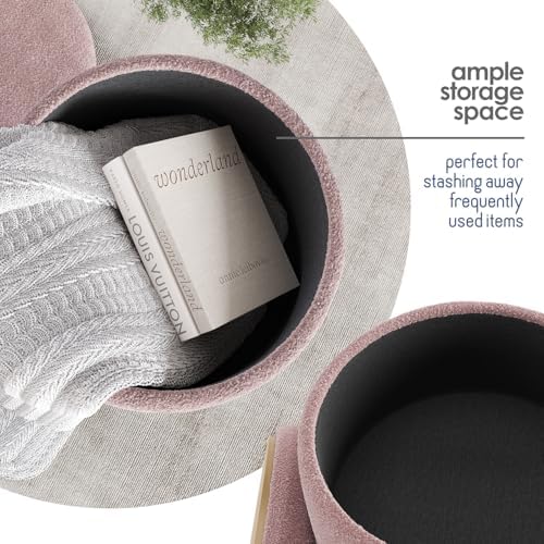 Round Ottoman with Storage, Boucle Storage Ottoman, Foot Stool Ottomans, Makeup Vanity Stool, Small Ottomans Foot Rest, Modern Vanity Stools for Living Room and Bedroom, Pink
