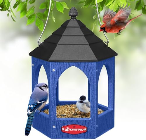 Kingsyard Platform Bird Feeder for Outdoor Hanging - Gazebo Style Recycled Plastic Wild Bird Feeding Station with Rain-Proof Roof & Metal Mesh Tray. Blue