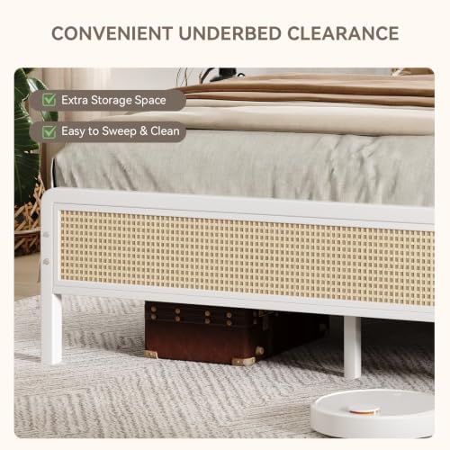 IMMERSTABLE Rattan Twin Bed Frame with Headboard, Boho Twin Metal Platform Bed Frame with Steel Slats, Under Bed Storage, Rounded Corners, No Box Spring Needed, Quiet Design, Easy Assembly, White