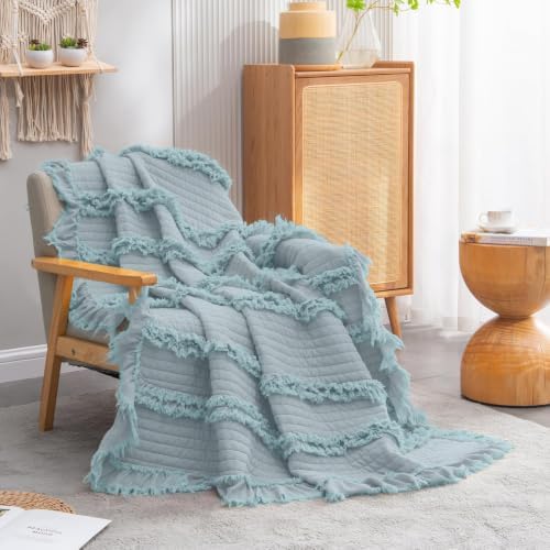 Ultra Soft Pre-Washed Quilted Boho Blue Twin Size Blankets for Bed, Ruffle Fringed Decorative Throw, Stone Washed Chic Rustic Blanket for Sofa Couch Bed, 60"*80"