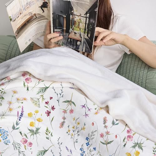 Floral Throw Blanket Wildflowers Throw Blankets Plant Floral Fleece Blankets Soft Warm Cozy Blanket Plush Throws Blankets Flower Decorative Blanket for Home Sofa Bedding 50" x 60"