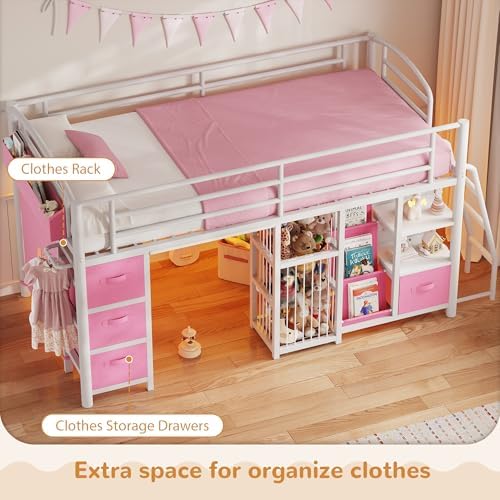 Twin Low Loft Bed, Kids Loft Bed, Storage Drawers, LED Lights, Pink White