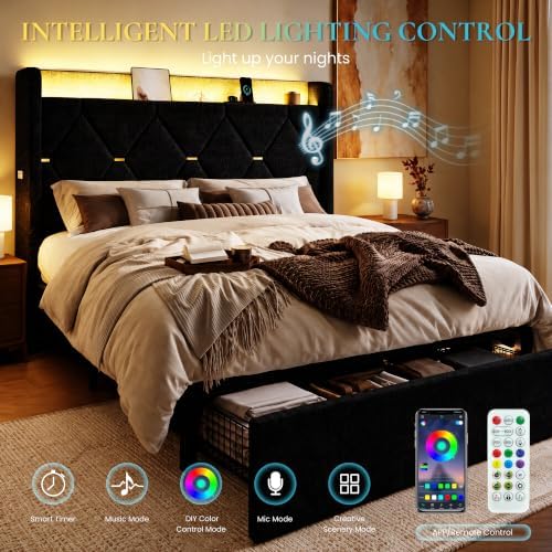 SHA CERLIN Queen Size Bed Frame with Storage Drawer & LED Lights, Black