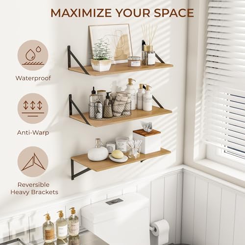 Heimlove 24W x 12D Deep Floating Shelves Set of 3 Oak