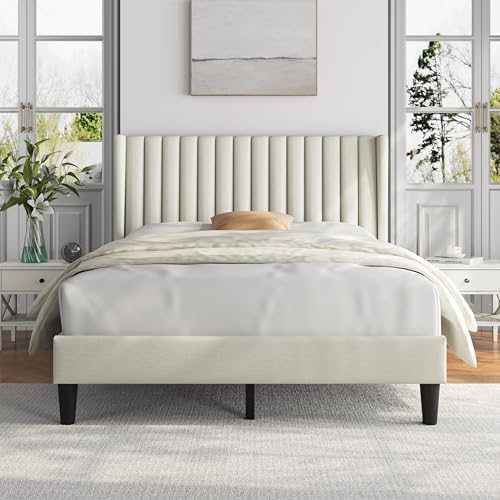 Yaheetech Full Bed Frame with Headboard, Ivory Channel-Tufted Platform