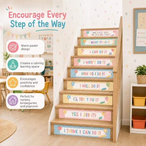 Cinrobiye 11 Pcs Classroom Stair Decals, Pastel Composition Notebook Steps of Success Wall Stickers for Back to School Decor, Stairway Stickers for Kindergrten, Classroom, Door, Wall Teacher Supplies