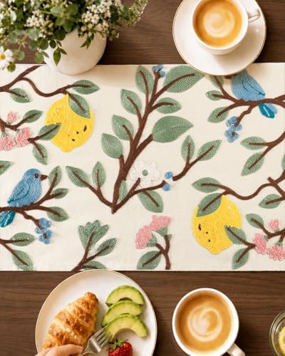 Canvas Embroidered Narrow 13"x 48" Table Runner, Lemon Bird