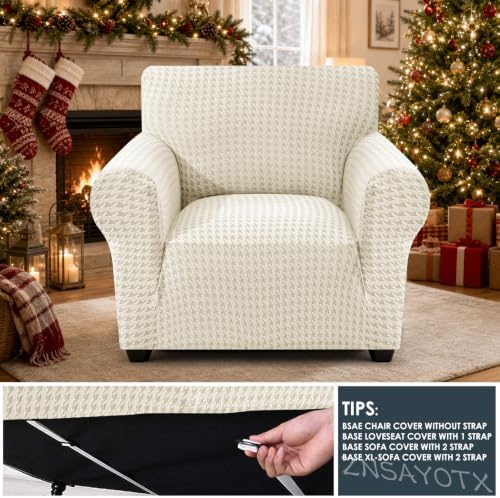 ZNSAYOTX 1 Piece Stretch Chair Slipcover with Arms (34"-44") New-Houndstooth Texture, Thick Armchair Covers for Living Room Universal Chair Slip Cover with Elastic Bottom & Buckle, Beige