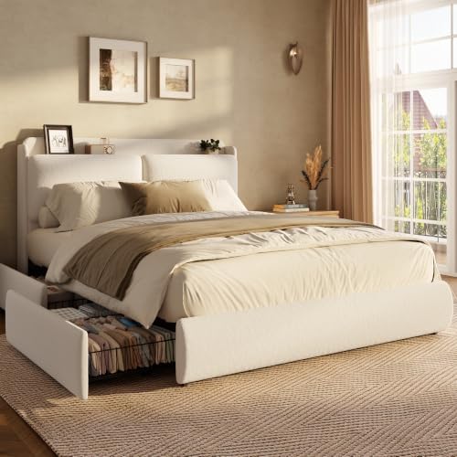 Garvee Upholstered Bed Frame with Shelf & Drawers- Beige