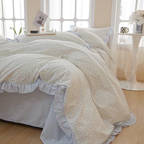 Ruffle Floral Duvet Cover Full Chic Vintage Blue Flower Duvet Cover Girls Romantic Lace Comforter Cover Cotton Floral Botanical Bedding Cover Cottagecore Flower Comforter Cover with 2 Pillowcases