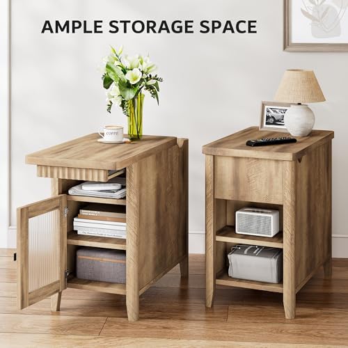 iPormis End Table with Charging, Narrow Side Table for Living Room, Brown