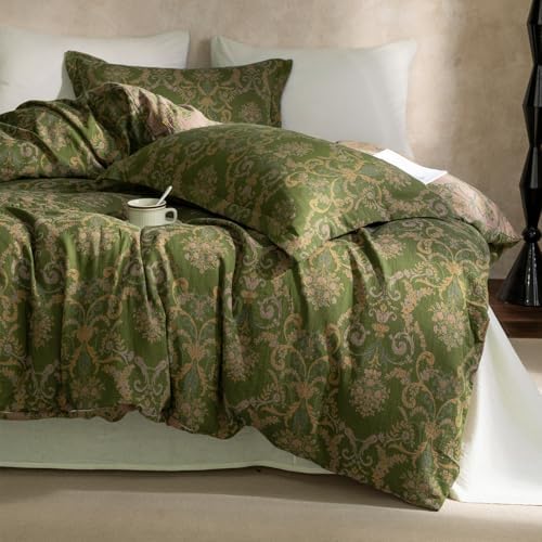 Olive Green Duvet Cover Set King,Reversible Medallion Flower Print Bedding Set Linen Cotton Yarn-Dyed Textured Bohemian Duvet Cover with Zipper Closure-104 x90
