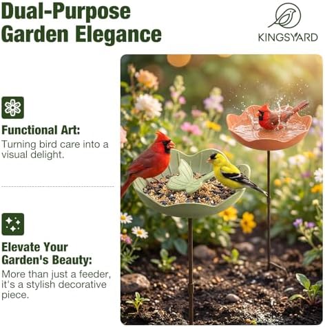 Kinsgyard 2 Pack Free Standing Tray Bird Feeders with Adjustable Pole, Wild Bird Bath for Outdoor Garden Yard Decor, Large Seed Capacity, Easy to Clean and Refill, Red & Green