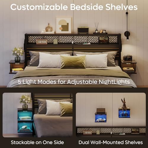 Bestier King Bed Frame with Horizontal Golden Stripe Storage Headboard&LED Nightstands, Metal Platform Bed with Charging Station, Heavy Duty Metal Slats, No Box Spring Needed, Noise Free(Matte Black)