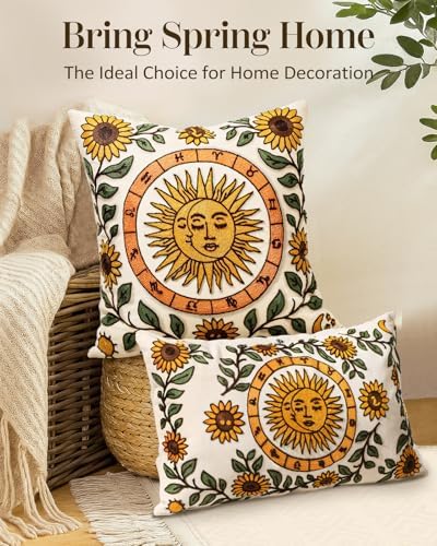 Embroidered Lumbar Pillow Cover 20x12 Inch, Sunflower Moon