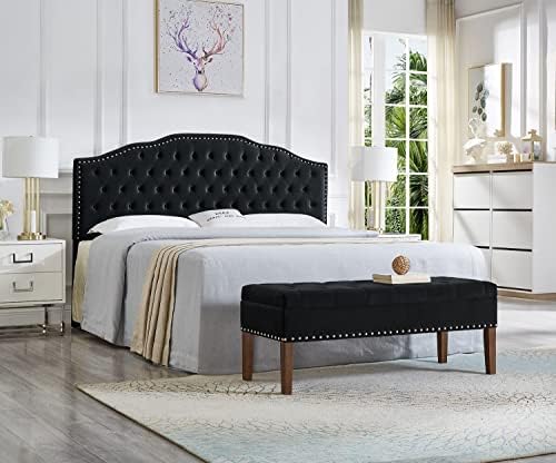 24KF Upholstered Button Tufted King Size Headboard with Nailhead Trim, Soft Velvet Fabric Headboard King/Cal King Size-Black