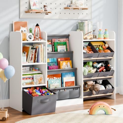 Kids Bookshelf and Toy Storage with 7 Removable Bins, 52 inch, White