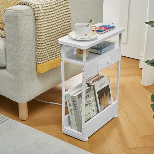 Narrow Side Table with Charging Station Small Spaces Narrow End Table
