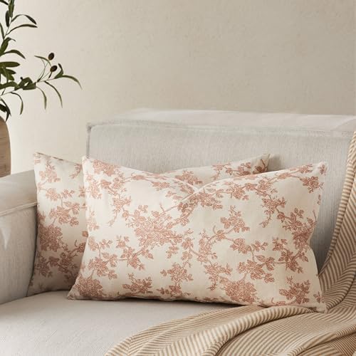 2 Pack French Floral Lumbar Pillow Covers 12x20in, Terracotta/Cream