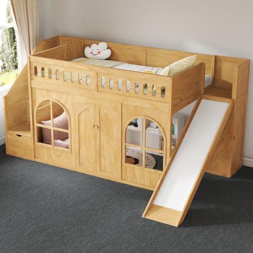 LUMISOL Twin Size Wood Loft Bed with Slide and Storage Staircase, Solid Wood Playhouse Loft Bed with Wardrobe and Window, Natural