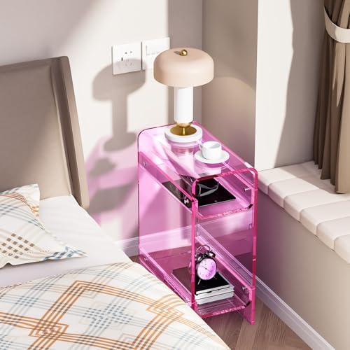 Clear Acrylic Side Table, Narrow Nightstand Bedside Table for Bedroom, Skinny Small End Table (Pink, 8.7'' x 15.7'' x 21.7")