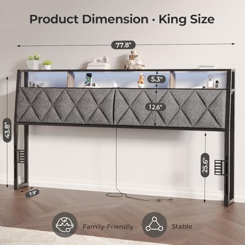 Headboard King Size with Storage, Charging Station & Lights, Dark Grey