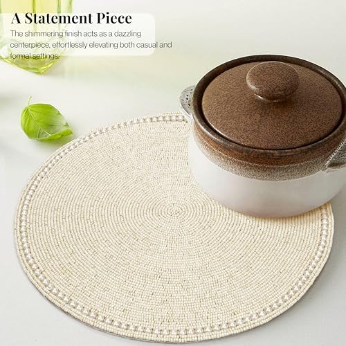 ALPHA Living HOME Beaded Placemats Set of 2 Ivory Round Handmade Table Mats