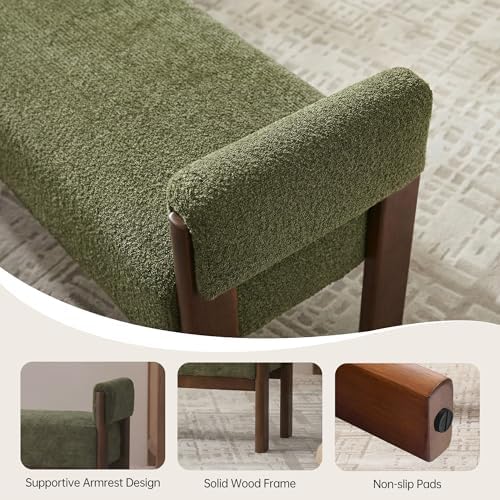 VKNOW 51.8”End of Bed Bench Upholstered Bedroom Bench with Arms, Green