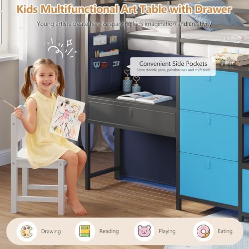 Low Twin Loft Bed with Desk,6 Storage Drawers,Led Lights & Kids Secret Base