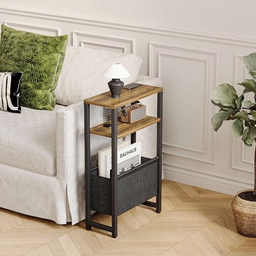 Narrow Side Table, Slim End Table with Magazine Rack, Skinny Bedside Table for Small Spaces, 3 Tier Sofa Couch Table Nightstand for Living Room, Bedroom, Walnut Brown LET503BR