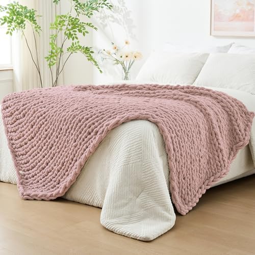 Bigacogo Chunky Knit Throw Blanket for Couch, 60x80 inches, Dusty Pink