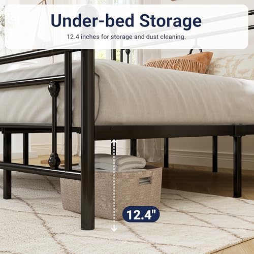 Allewie King Size Metal Platform Bed Frame, Victorian Headboard, Black