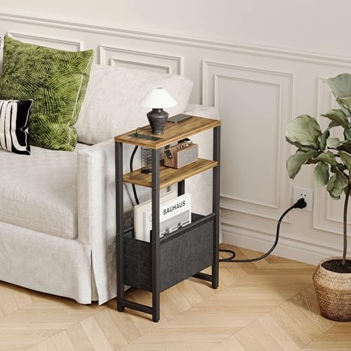 Narrow Side Table with Charging Station Slim End Table Sofa with Magazine Rack, Bedside Table for Small Spaces, 3 Tier Nightstand for Living Room Couch, Bedroom Walnut Brown LET503BRE