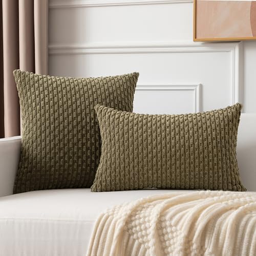 Kevin Textile Soft Corduroy 26x26 Inch Pillow Covers 2 Pack, Olive Green