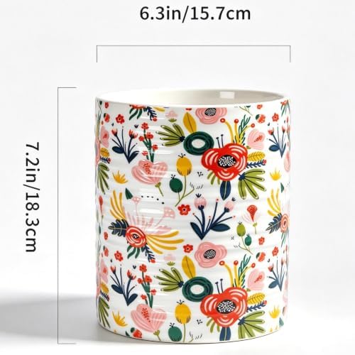 Kitchen Utensil Holder,7.2-inch Extra Large Ceramic Garden Floral Pattern Utensil Crock,Cooking Utensil Organizer for Kitchen Counter Decor,Storage Caddy Farmhouse Gift Mint Flowers