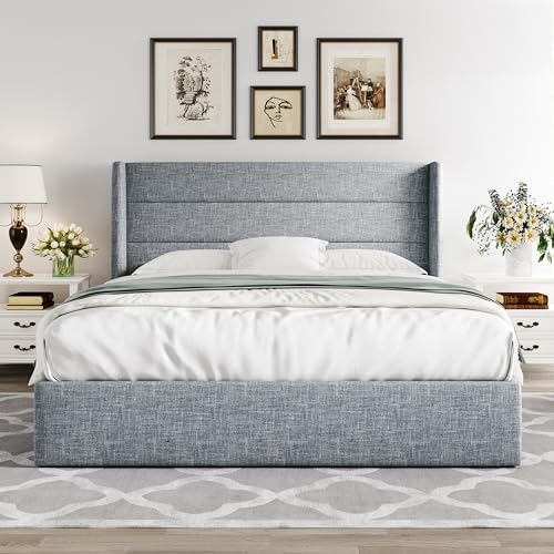 Allewie Queen Size Lift Up Hydraulic Storage Bed Frame Blue Grey