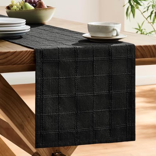 ZeeMart Linen Checked Farmhouse Table Runner, 13x72 Inches Black