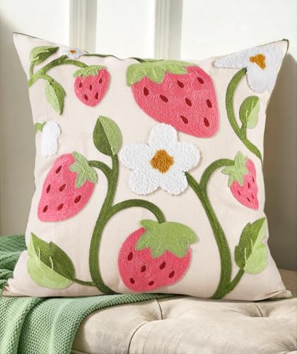 Embroidered Throw Pillow Cover 18x18 Inch, Branch Strawberry
