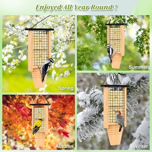 Gbekery Wooden Double Suet Feeder with Tail Prop for Outside, Black Roof