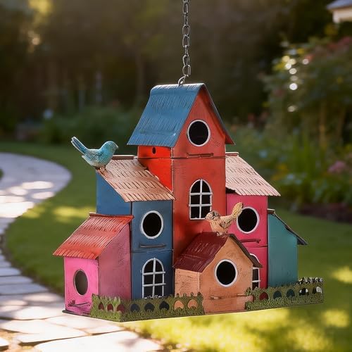 Large Bird House for Outside Hanging, Colorful Birdhouse with 6-Compartment