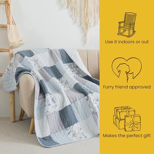 SLPR - Cotton Quilted Throw Blanket, 50" x 60" Blue Floral, Coastal Dream